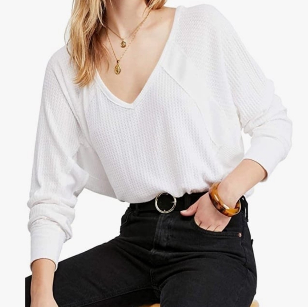 Free People Santa Clara White Waffle Knit Top